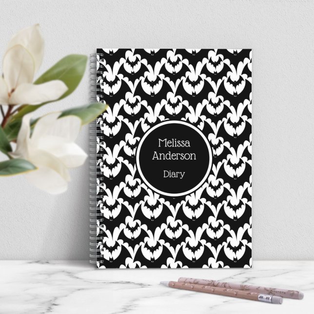 Personalized Black And White Bats Notebook (Bats Horror Gothic Pattern Personalized Name Black Notebook)