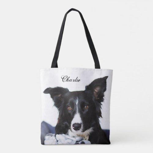 Personalized Black and White Border Collie Tote Bag