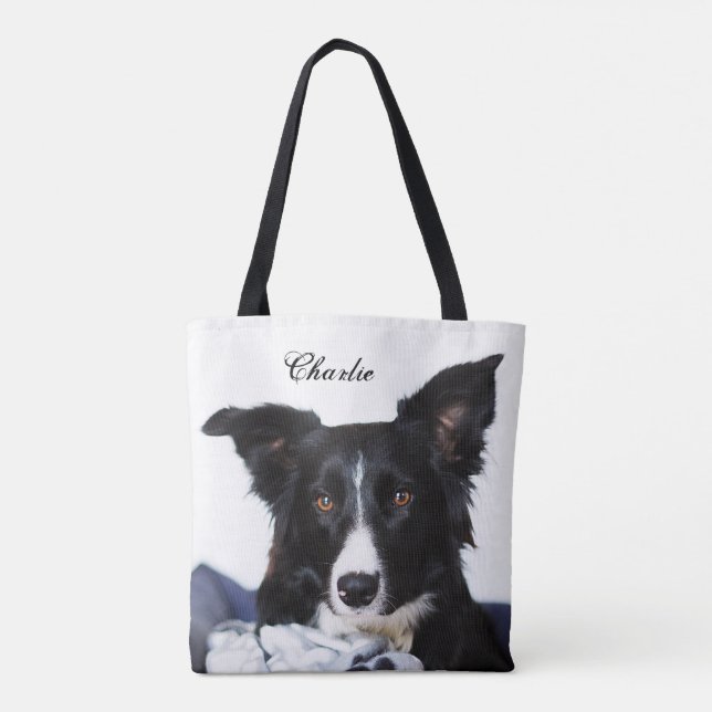 Personalized Black and White Border Collie Tote Bag (Back)