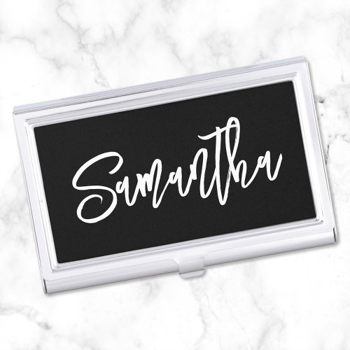 Personalized Black and White Brush Script Business Card Case