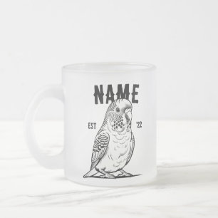Personalized Black and White Budgie Frosted Glass Coffee Mug