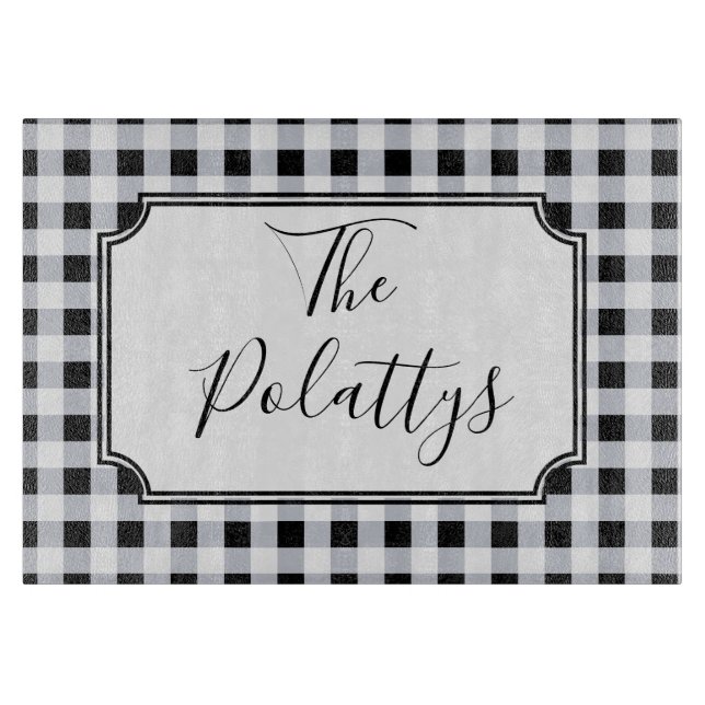 Personalized Black and White Buffalo Check Plaid Cutting Board (Front)