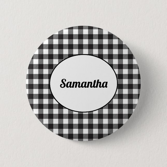 Personalized Black and White Buffalo Plaid Button (Front)
