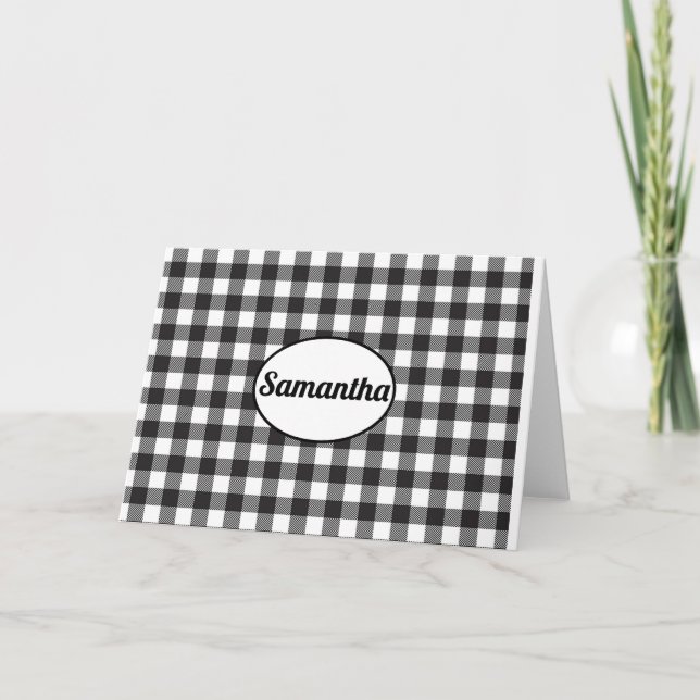 Personalized Black and White Buffalo Plaid Card (Front)