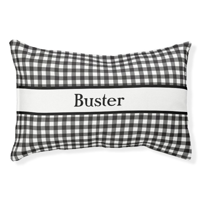 Personalized Black and White Buffalo Plaid Check Pet Bed (Front)