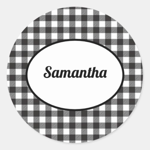 Personalized Black and White Buffalo Plaid Classic Round Sticker