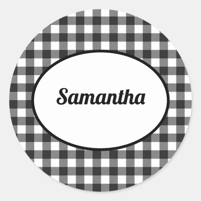 Personalized Black and White Buffalo Plaid Classic Round Sticker (Front)