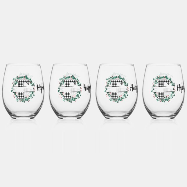 Personalized Black And White Buffalo Plaid (F) Stemless Wine Glass (Front)