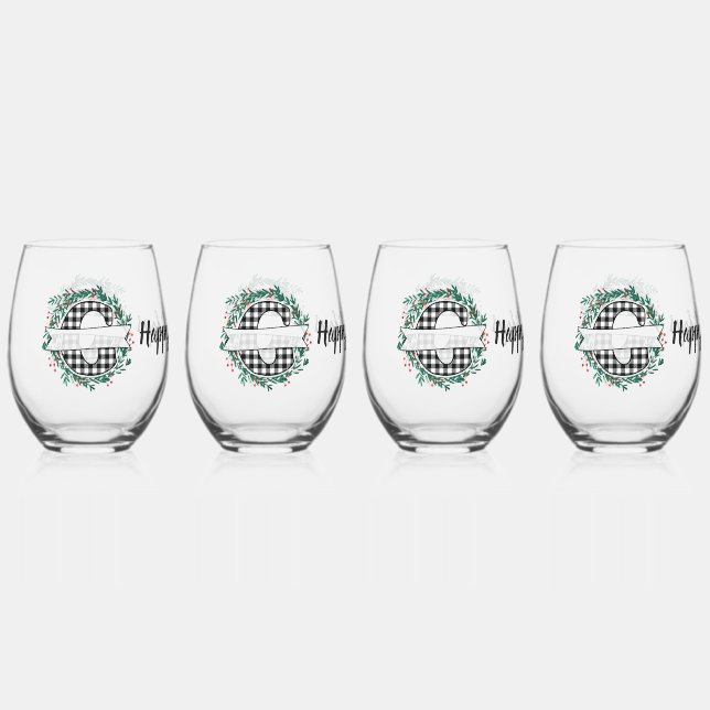 Personalized Black And White Buffalo Plaid (G) Stemless Wine Glass (Front)