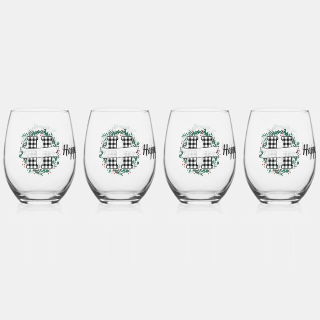 Personalized Black And White Buffalo Plaid (H) Stemless Wine Glass (Front)