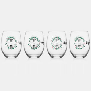 Personalized Black And White Buffalo Plaid (I) Stemless Wine Glass