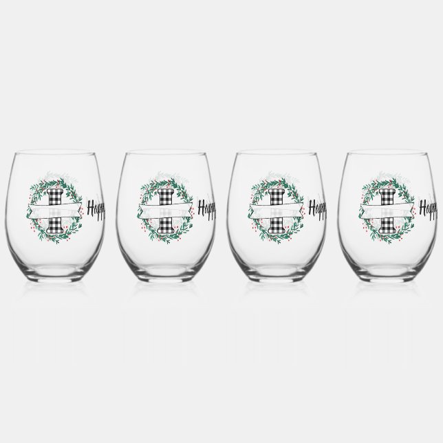 Personalized Black And White Buffalo Plaid (I) Stemless Wine Glass (Front)