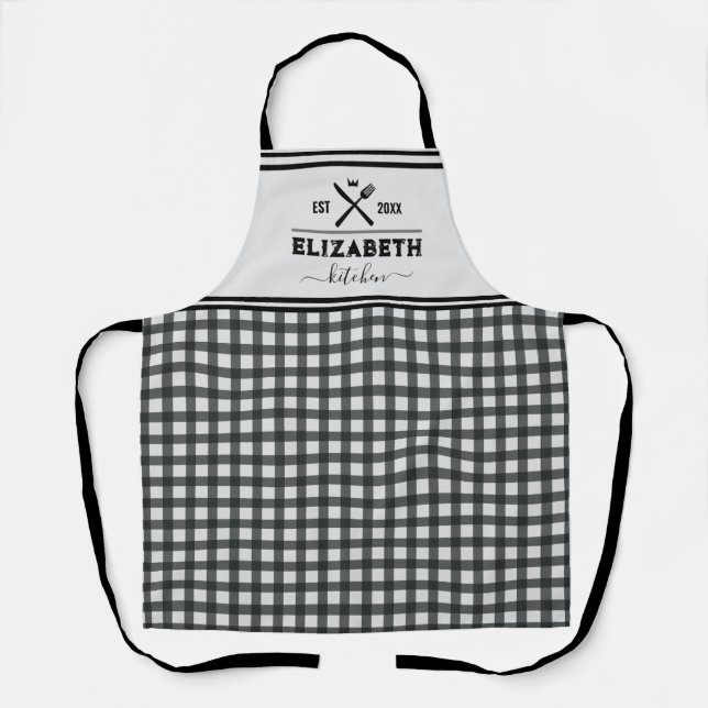 Personalized Black and White Buffalo Plaid Kitchen Apron (Front)