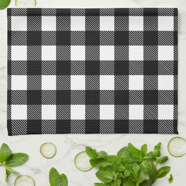 Personalized Black and White Buffalo Plaid Kitchen Towel (Folded)