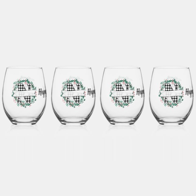 Personalized Black And White Buffalo Plaid (N) Stemless Wine Glass (Front)