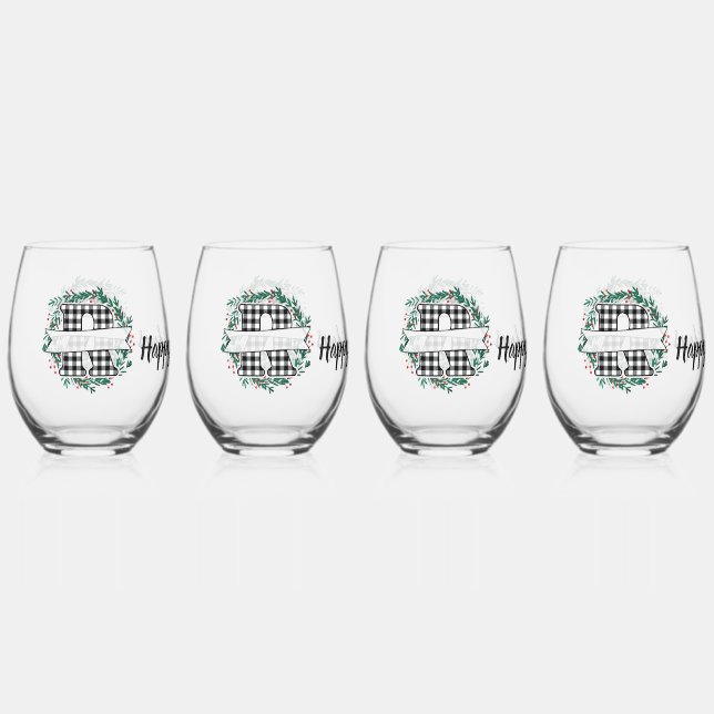 Personalized Black And White Buffalo Plaid (R) Stemless Wine Glass (Front)