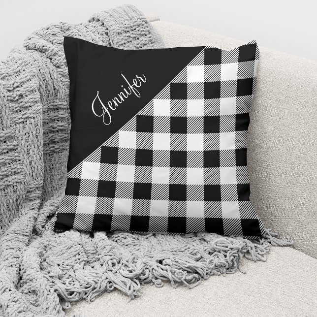 Personalized Black And White Buffalo Plaid Throw Pillow (Creator Uploaded)