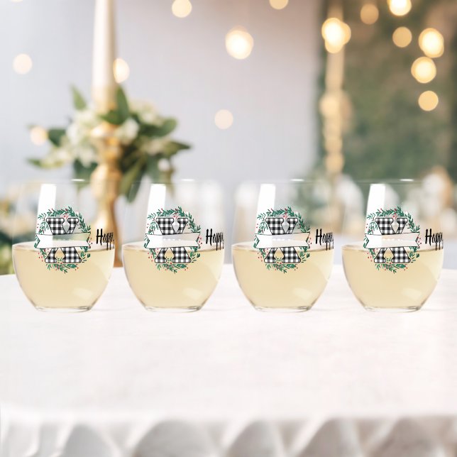 Personalized Black And White Buffalo Plaid (X) Stemless Wine Glass (Insitu (Wedding))