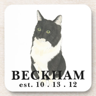 Personalized Black and White Cat Beverage Coaster
