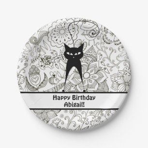 Personalized Black and White Cat Birthday Plates