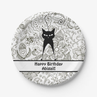 Personalized Black and White Cat Birthday Plates