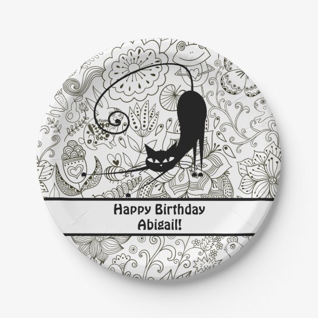 Personalized Black and White Cat Birthday Plates (Front)