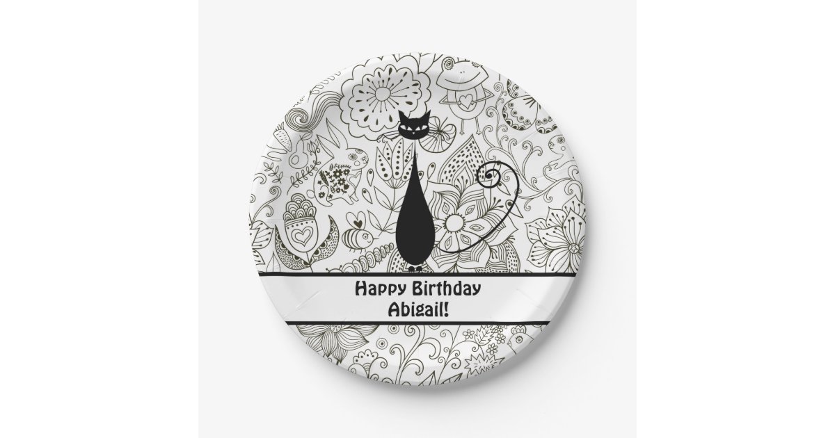 Personalized Black And White Cat Happy Birthday Paper Plate Zazzle Com