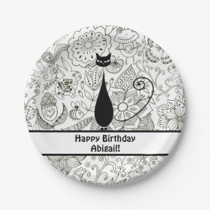 Personalized Black and White Cat Happy Birthday Paper Plates