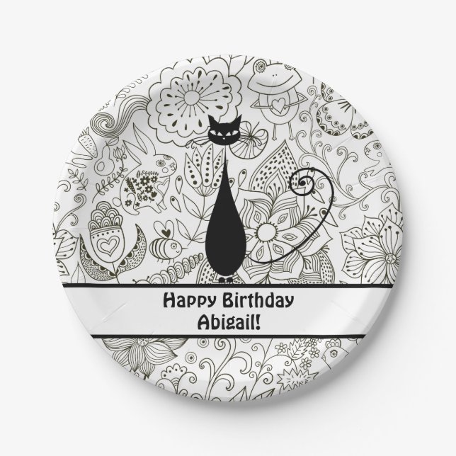 Personalized Black and White Cat Happy Birthday Paper Plates (Front)
