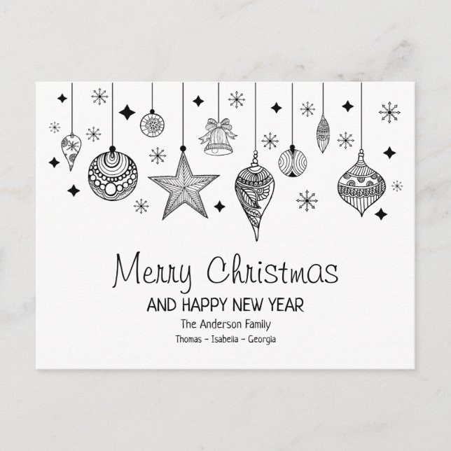 Personalized Black and White Christmas Baubles Postcard (Front)
