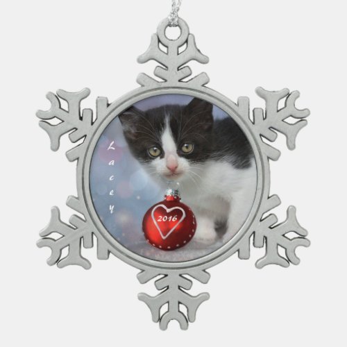 Personalized Black and White Christmas Kitten Snowflake Pewter Christmas Ornament