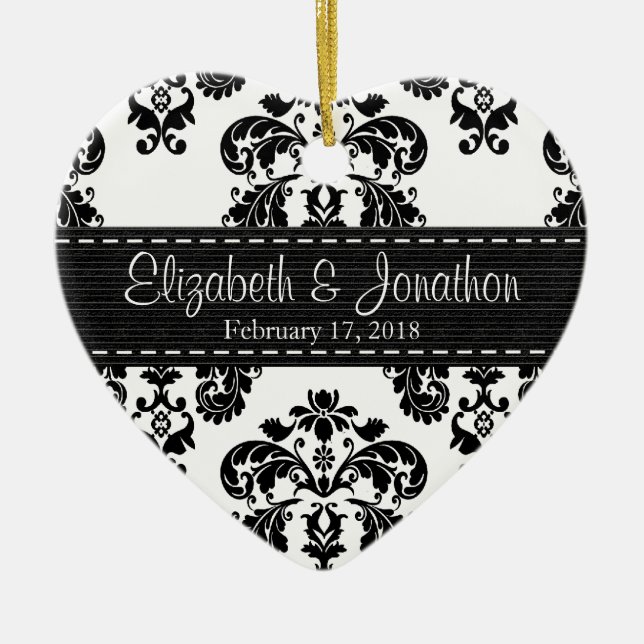 Personalized Black and White Damask Wedding Favor Ceramic Ornament (Front)