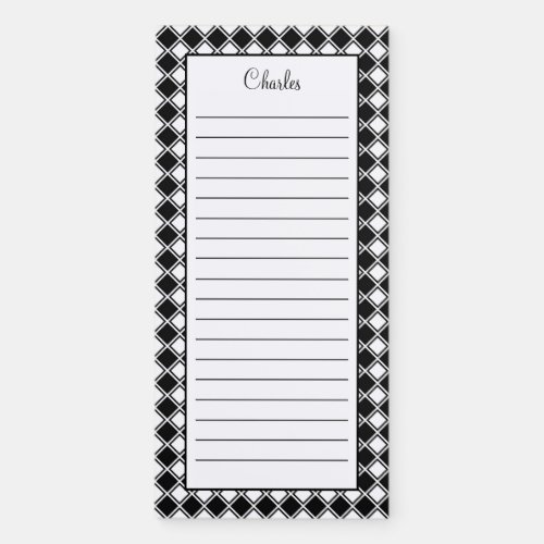 Personalized Black and White Diagonal Name Lined Magnetic Notepad