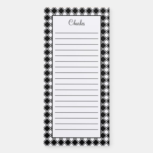 Personalized Black and White Diagonal Name Lined Magnetic Notepad (Front)