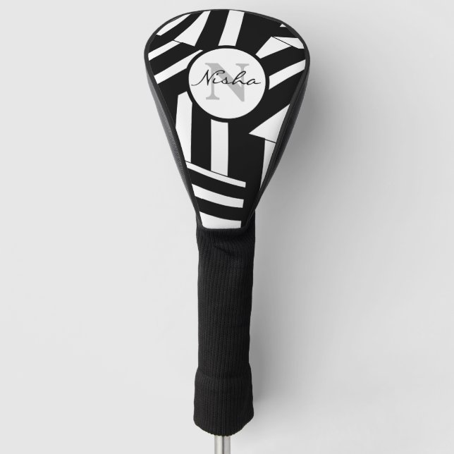 Personalized Black and White Diagonal Stripes Golf Head Cover (Front)