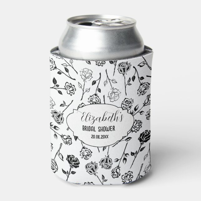 Personalized Black and White Floral Bridal Showe Can Cooler (Can Front)
