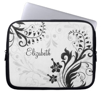 Personalized Black and White Floral Laptop Sleeve