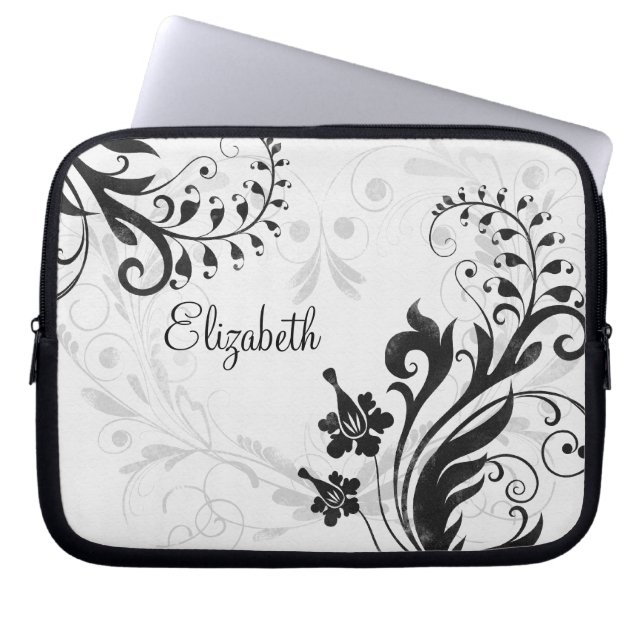 Personalized Black and White Floral Laptop Sleeve (Front)