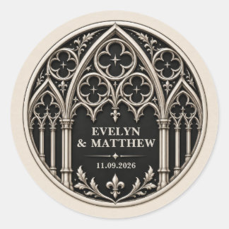 Personalized Black and White Gothic Wedding Classic Round Sticker