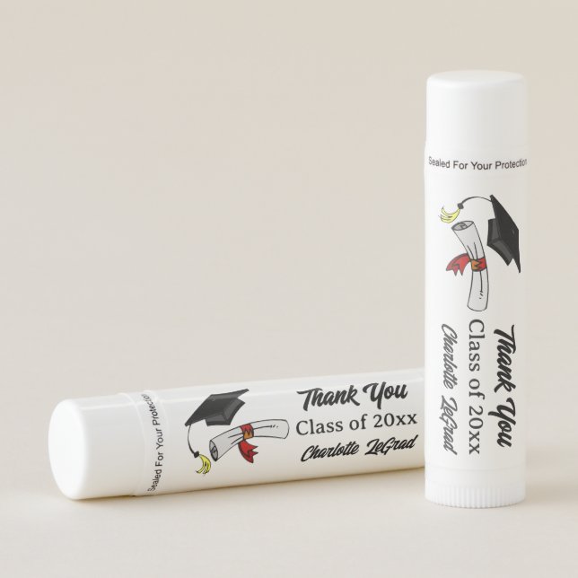 Personalized Black and White Grad Party Thank You Lip Balm (Front)