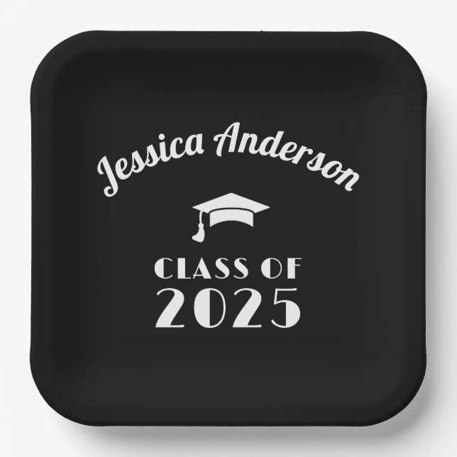 Personalized Black and White Graduation  Paper Plates (Front)