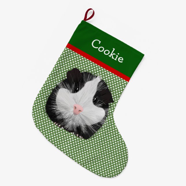 Personalized Black And White Guinea Pig Large Christmas Stocking (Front (Hanging))