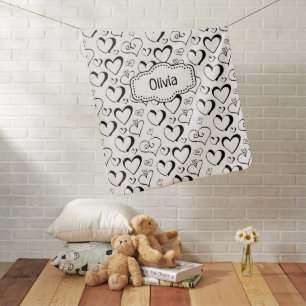 Personalized Black and White Hearts Baby Blanket