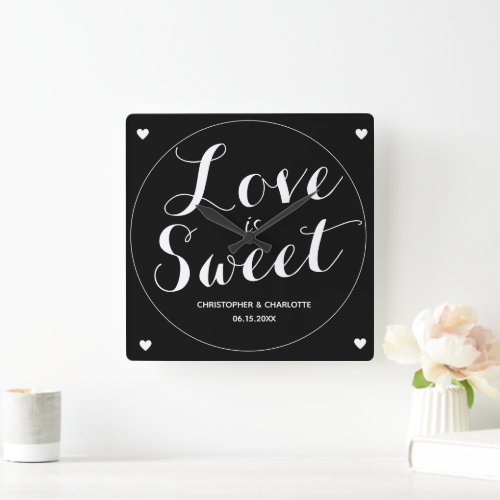 Personalized Black and White Hearts Love is Sweet Square Wall Clock