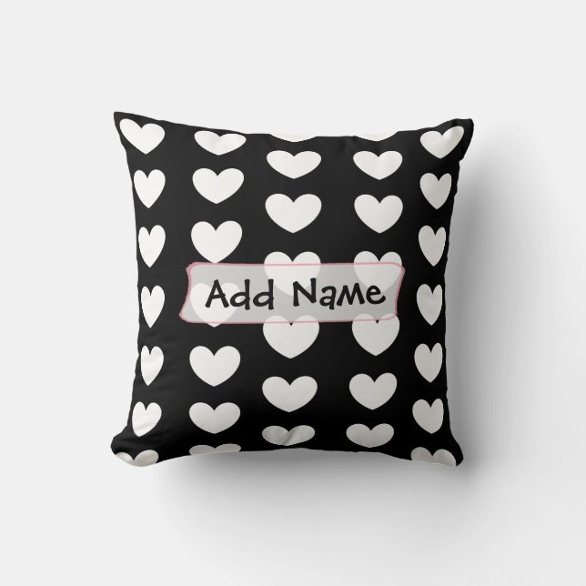 Personalized Black and White Hearts Throw Pillow (Front)