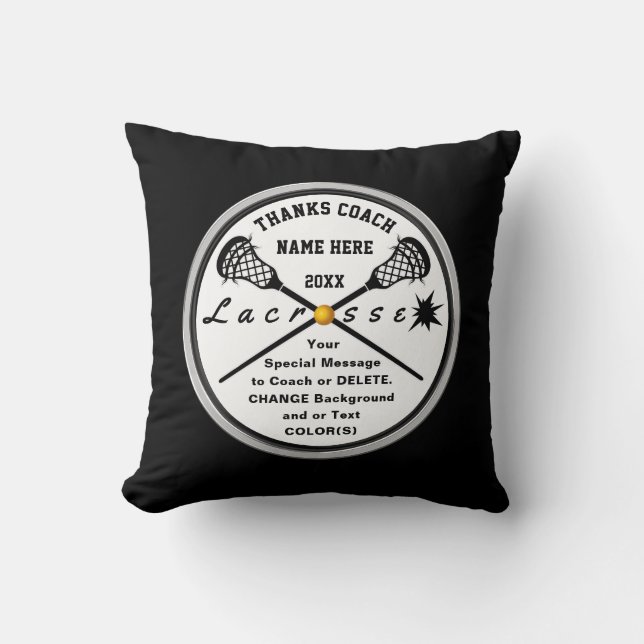 Personalized Black and White, Lacrosse Coach Gifts Throw Pillow (Front)