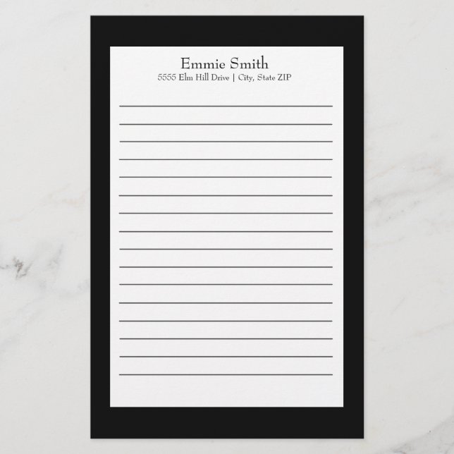 Personalized Black and White Lined Stationery (Front)