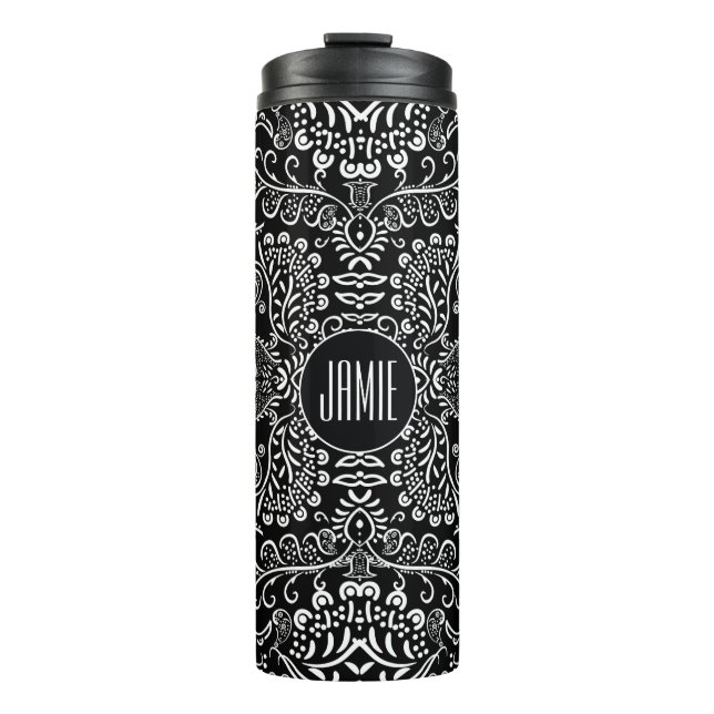 Personalized Black and White Mehndi Pattern Thermal Tumbler (Front)