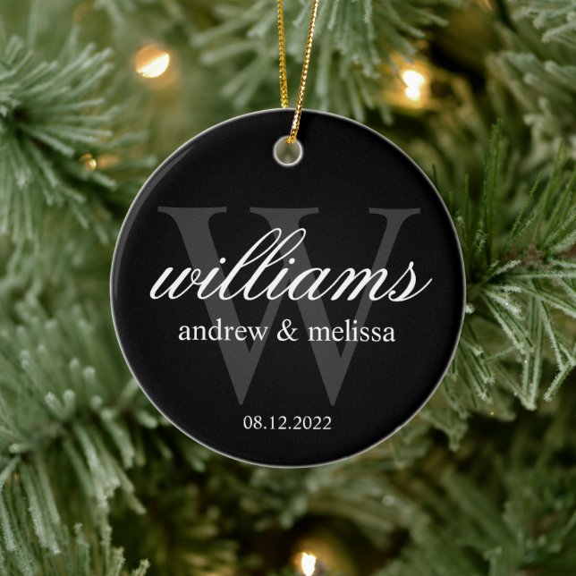 Personalized Black and White Monogram Ceramic Ornament (Tree)