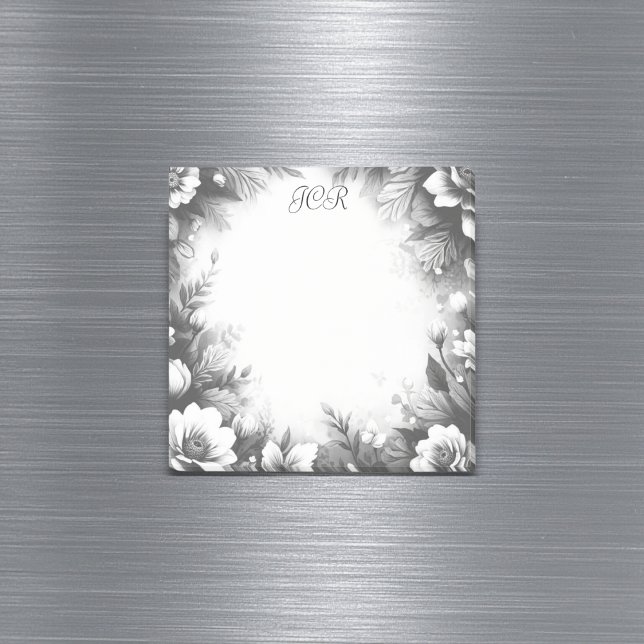 Personalized Black and White Monogrammed Floral Post-it Notes (Featuring a sophisticated monochrome pretty floral pattern, customizable with your initials)